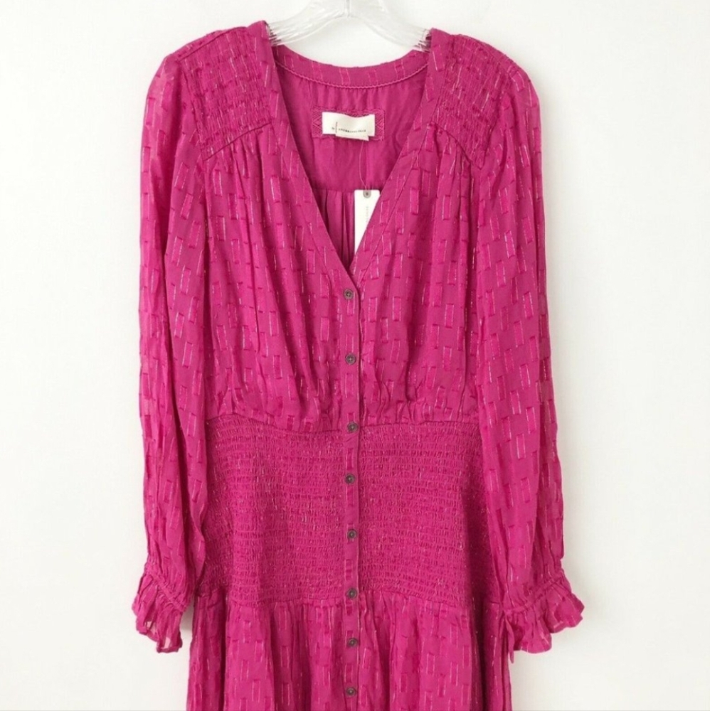 NWT Anthropologie Smocked Maxi Dress M $180 HTF Pink Gold Long Sleeve - Picture 6 of 9